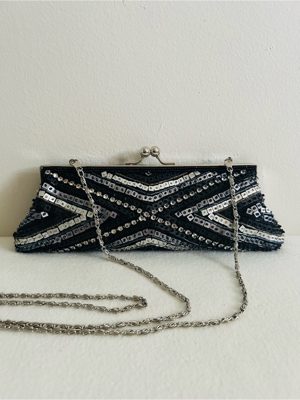 Aldo Beaded Black and Silver Evening Clutch with Chain Strap